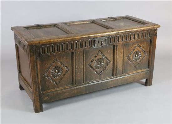 A 17th century oak coffer, W.4ft 2in. D.1ft 9in. H.2ft 1in.